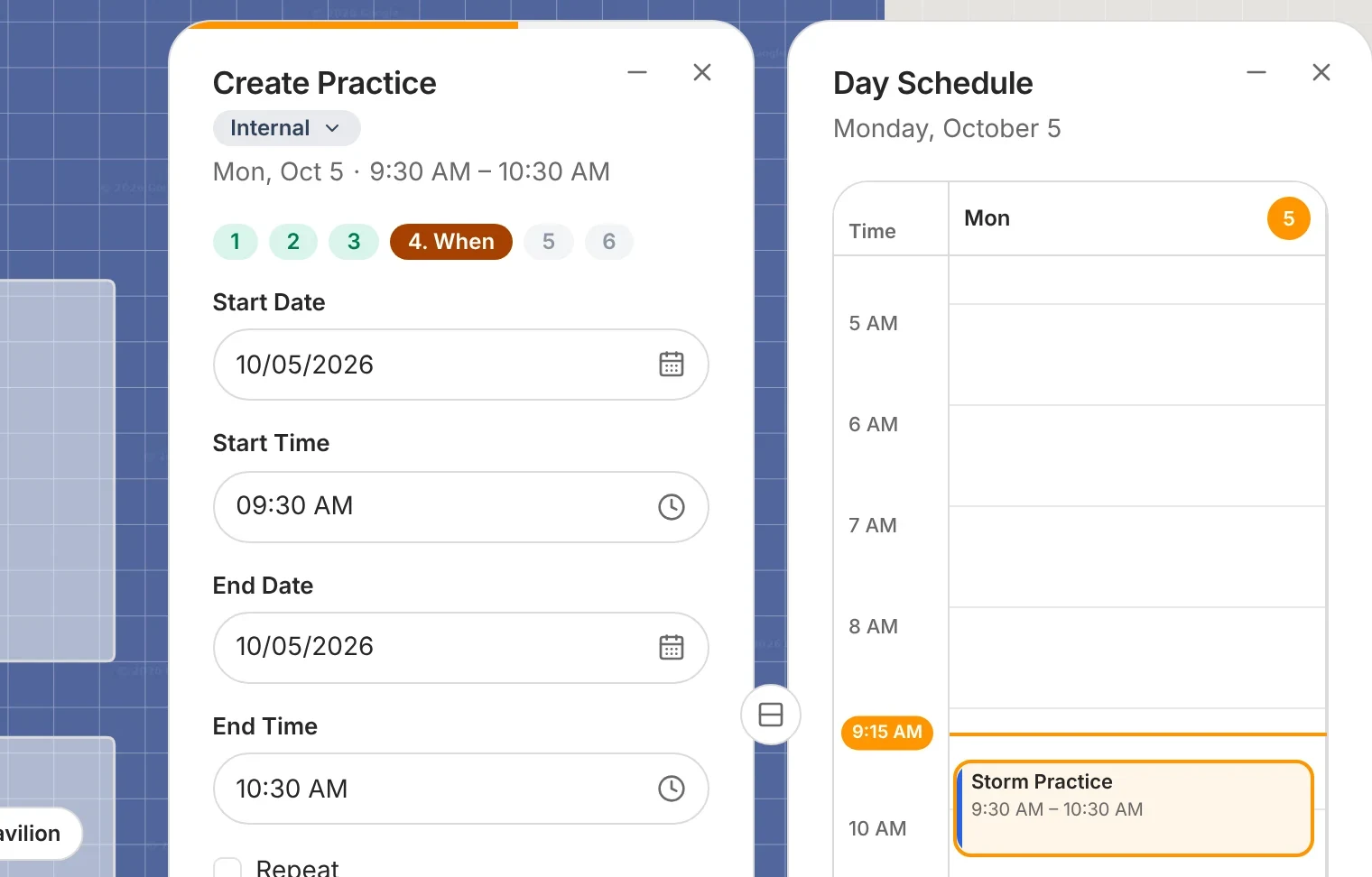 Creating a Storm practice for Monday, October 5, 9:30 to 10:30, beside the day's schedule for the field it books.