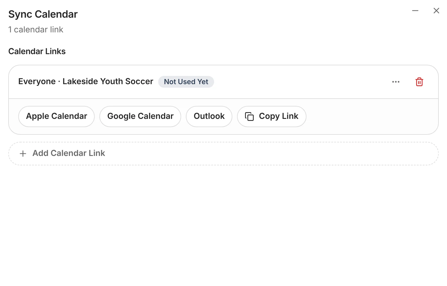 Syncing a calendar: one link for everything at Lakeside Youth Soccer, with buttons for Apple Calendar, Google Calendar and Outlook.
