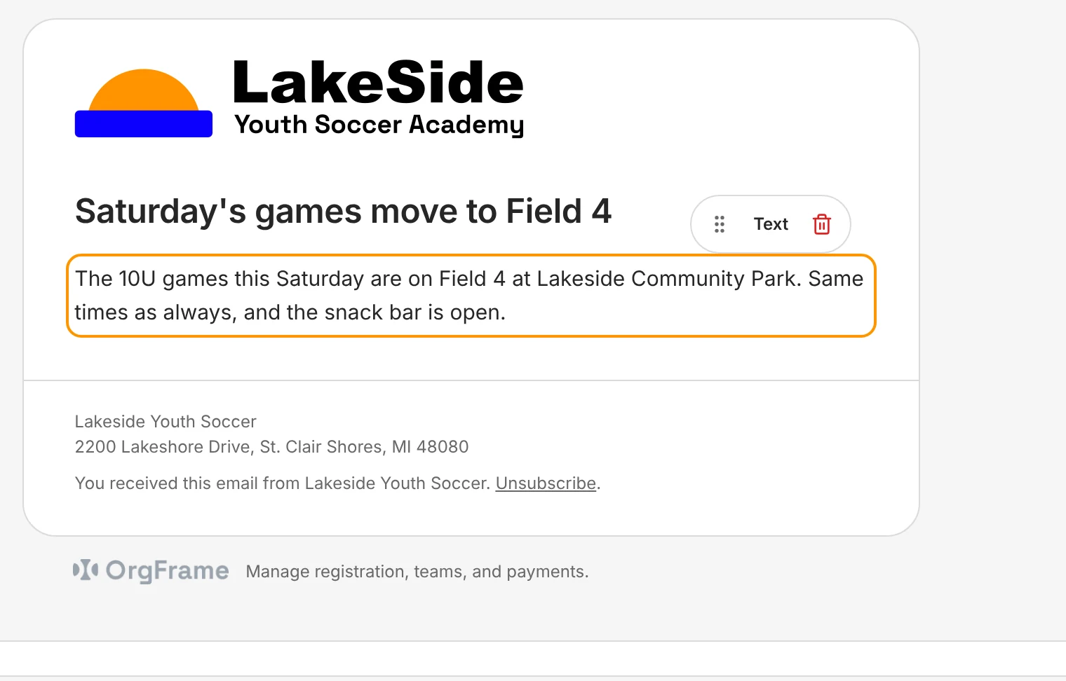 An email being written to Lakeside families, laid out in the club's logo: Saturday's games move to Field 4.