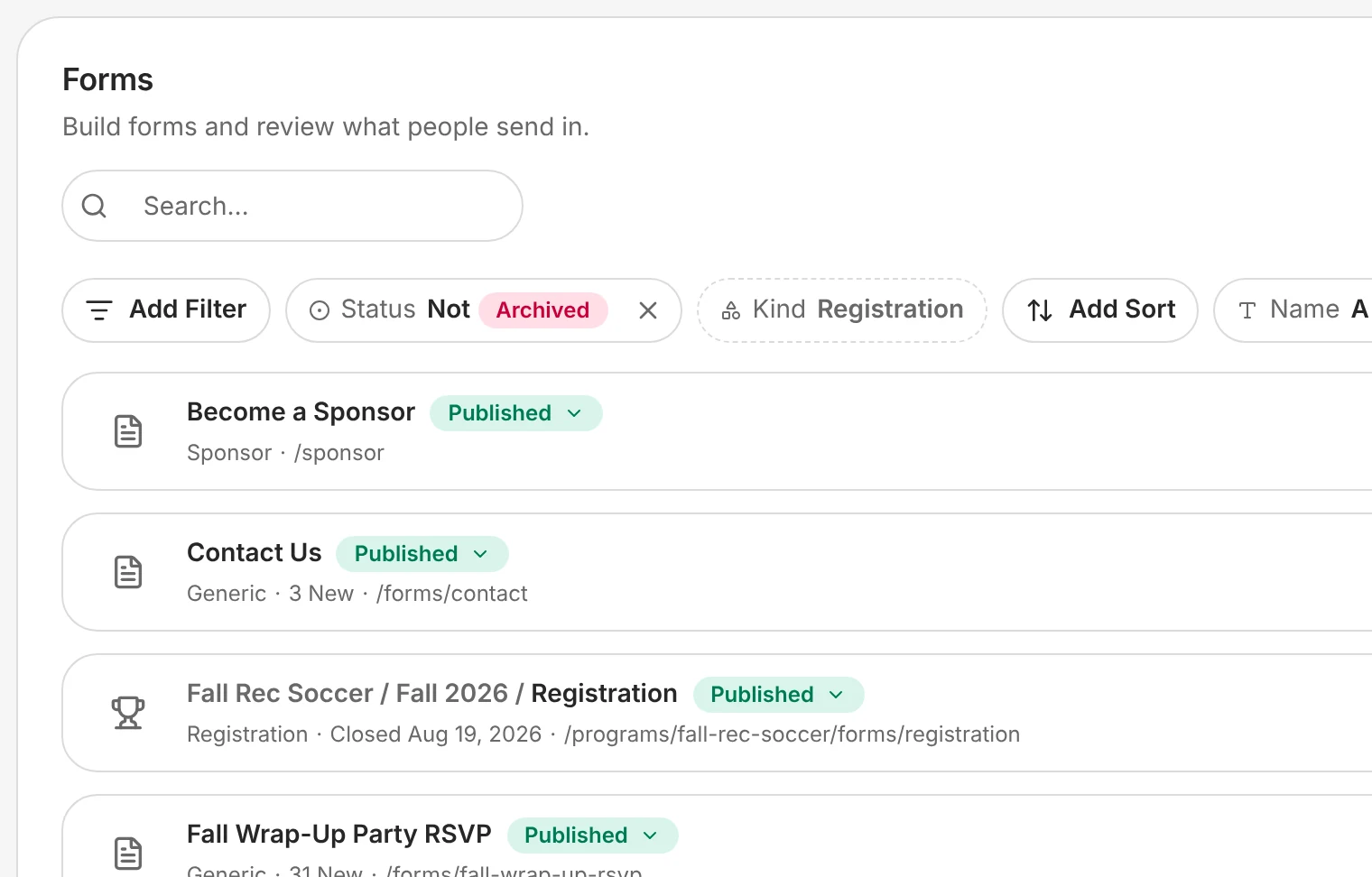 Lakeside's forms: Become a Sponsor, Contact Us, the Fall Rec Soccer registration with its closing date, and the wrap-up party RSVP.