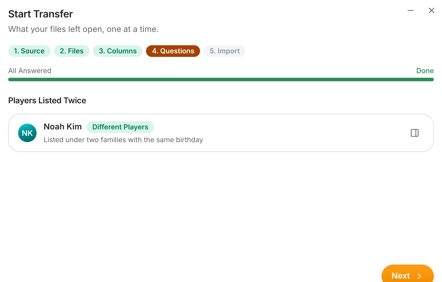 Bringing last season over: the transfer's five steps, with one question answered, Noah Kim listed under two families with the same birthday.