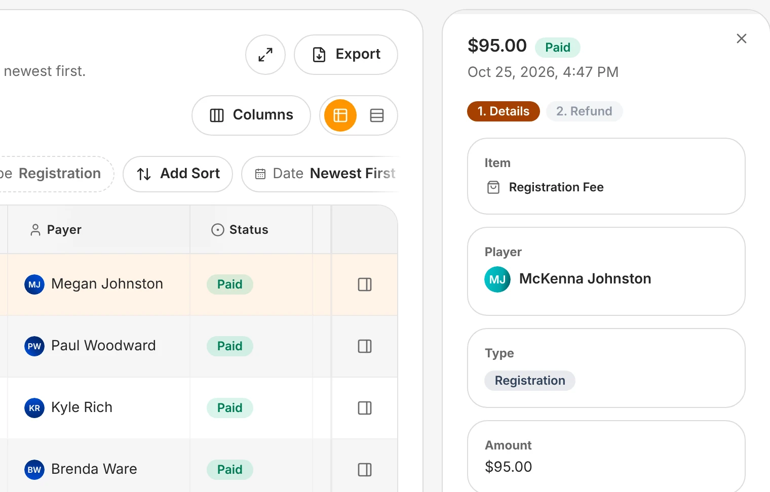 One payment opened beside the list: a $95 registration fee for McKenna Johnston, paid on October 25.