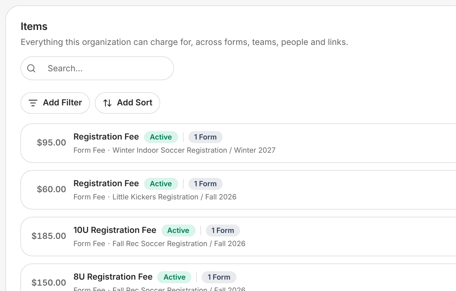Everything Lakeside charges for: registration fees for each program and division, from $60 to $185.