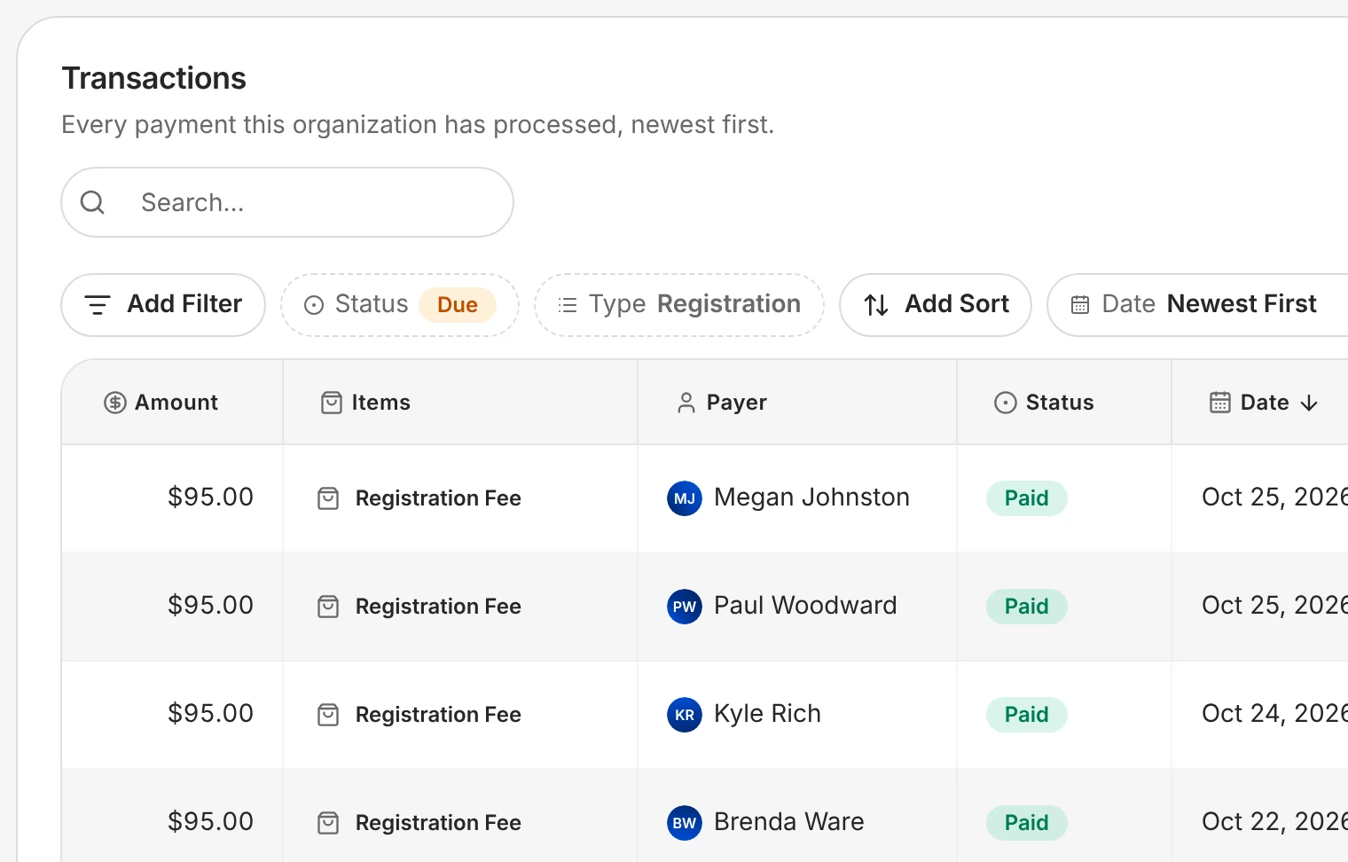 Lakeside's transactions, newest first: $95 registration fees, each with who paid and when.