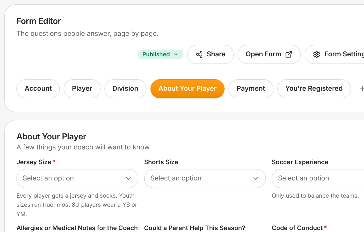 The Winter Indoor Soccer registration form's questions about the player: jersey and shorts size, soccer experience and a teammate request.