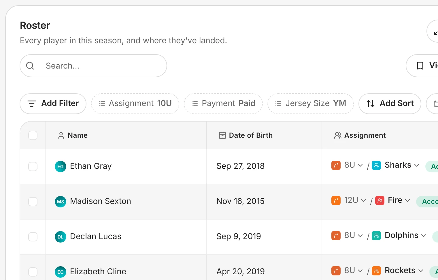 The Fall Rec Soccer roster: every player with their date of birth, division and team, and what they paid.