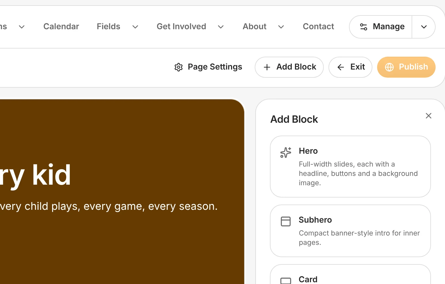 Editing Lakeside's home page: the club's banner on the page, and the blocks that can be added beside it.