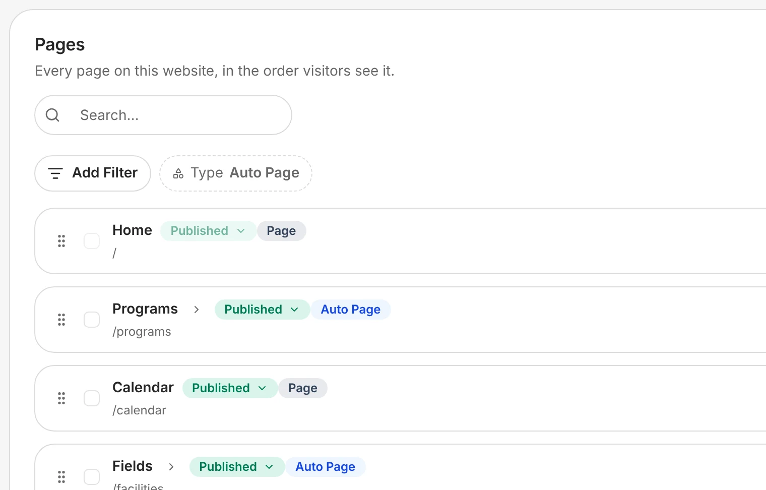 Every page on Lakeside's website in the order visitors see it: Home, Programs, Calendar and Fields.