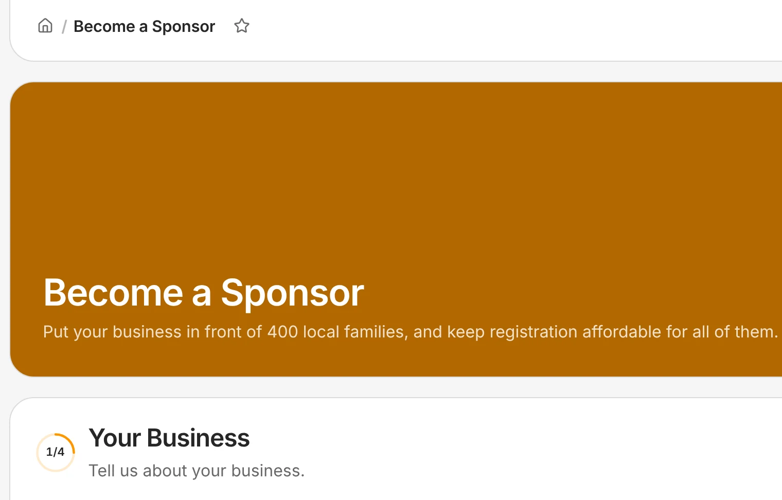 Lakeside's Become a Sponsor page: a business fills in its name, logo and website to sign itself up.