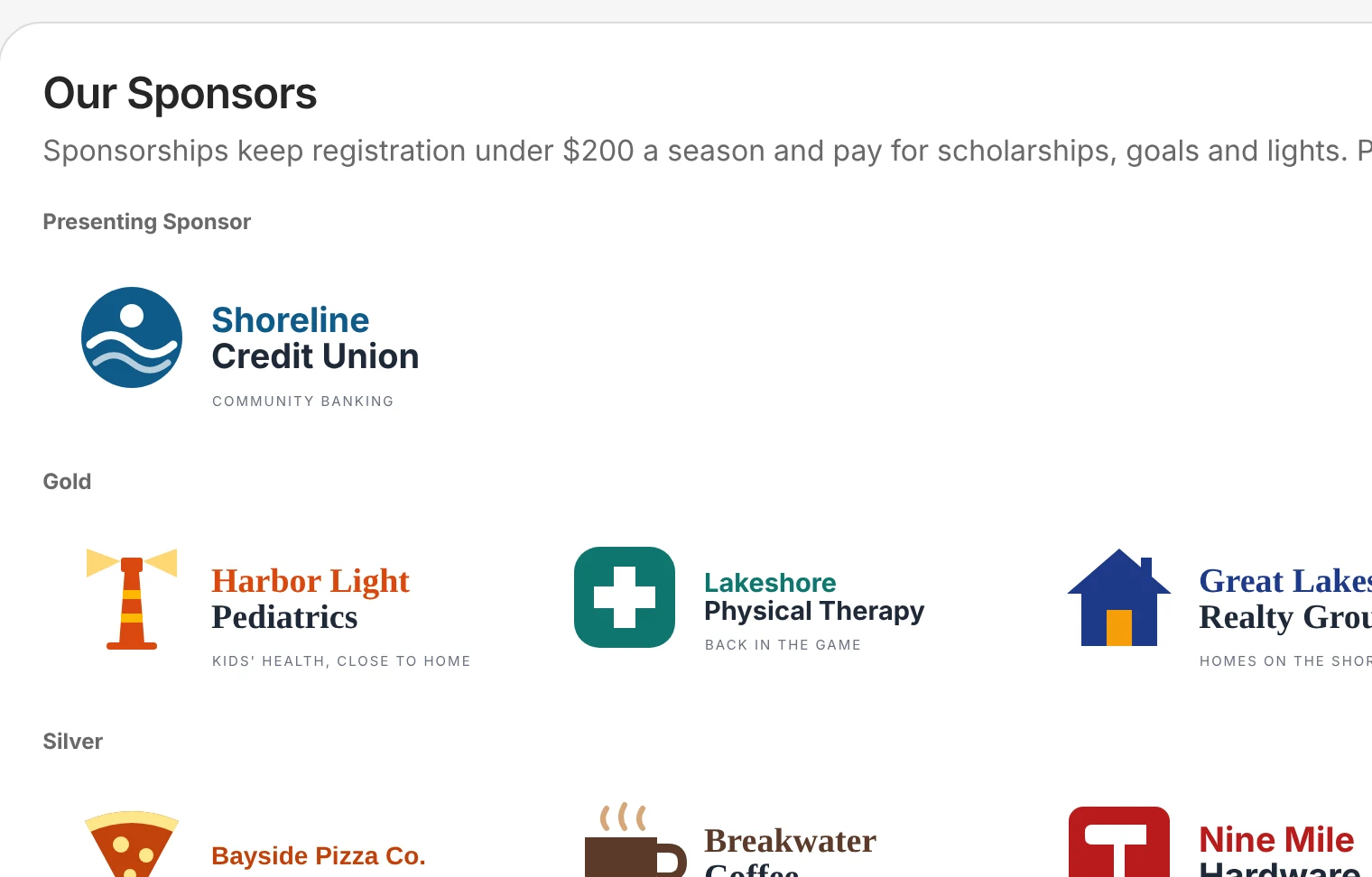 Lakeside's Our Sponsors page: the presenting sponsor, then Gold and Silver sponsors' logos in tier order.