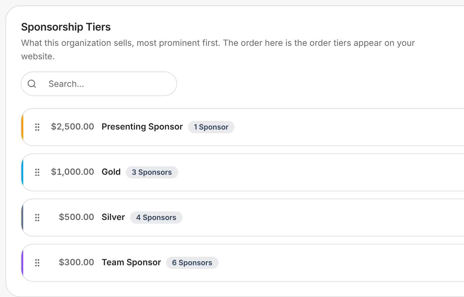 Lakeside's sponsorship tiers, from a $2,500 presenting sponsor to $300 team sponsors, with how many of each are sold.