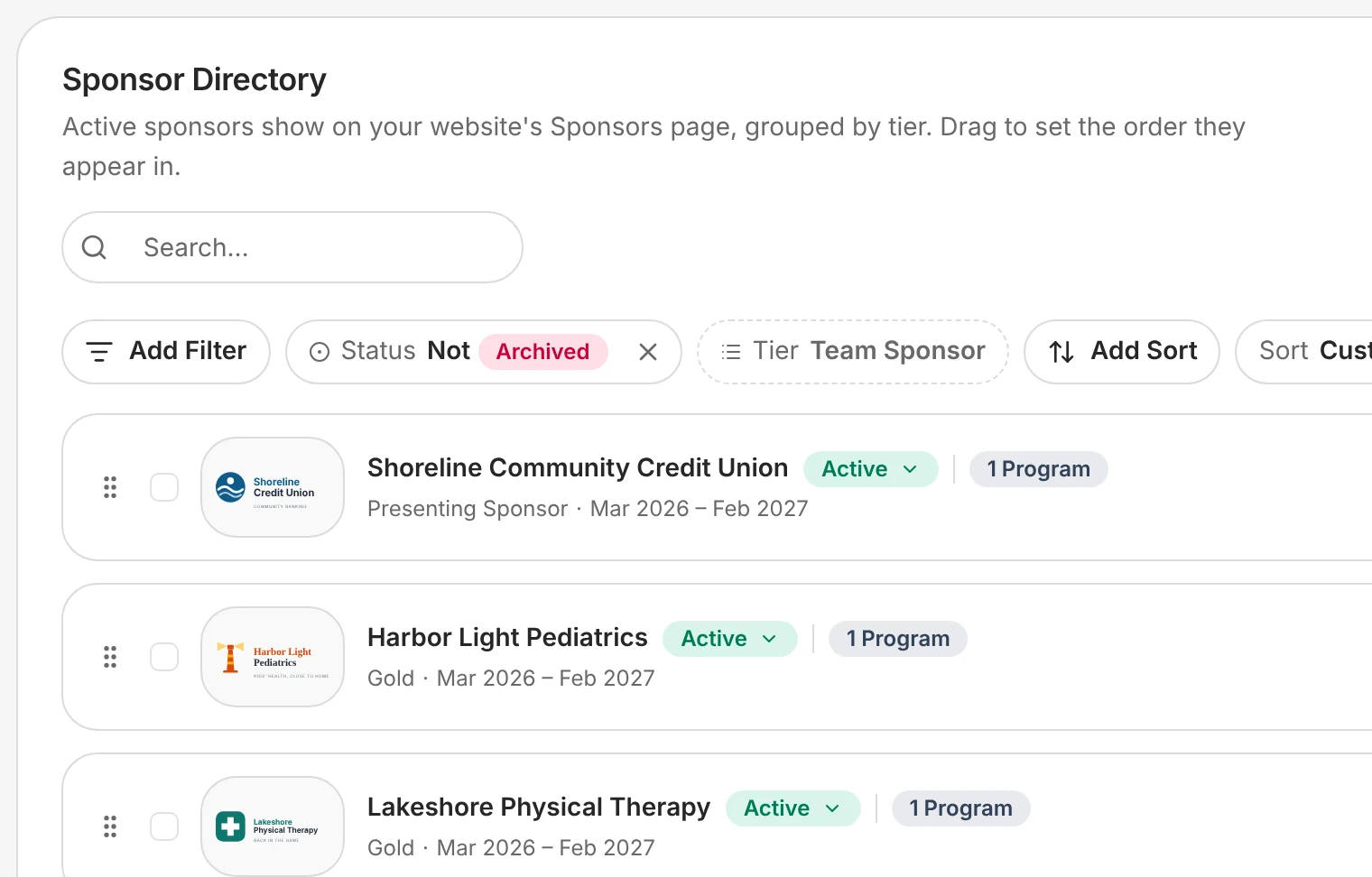 Lakeside's sponsor directory: each business with its logo, tier, the dates it runs and the programs it backs.