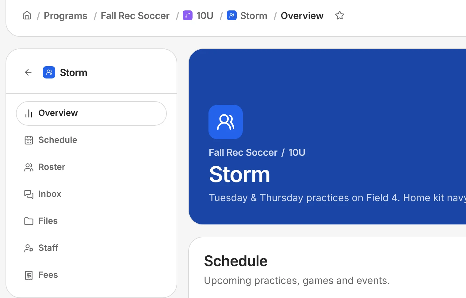 The Storm team's own page: its overview, schedule, roster, inbox, files, staff and fees.