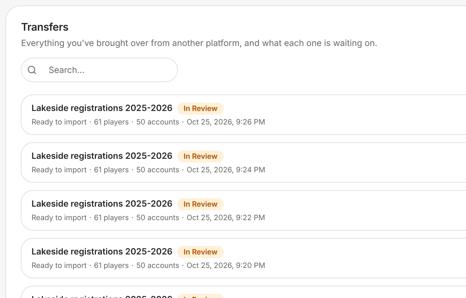 Lakeside's transfers from another platform, each in review and ready to import: 61 players and 50 accounts.